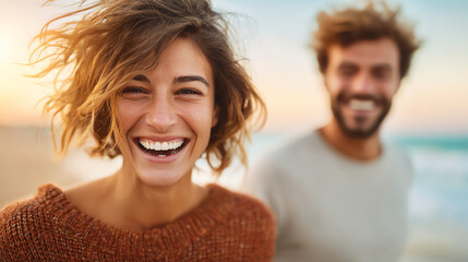 A joyful couple enjoying a happy moment at the beach, radiating positivity and love against a beautiful sunset backdrop.