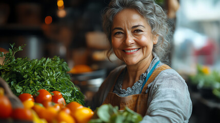 A joyful elderly woman proudly presents fresh vegetables at a market. Her warm smile radiates the essence of wholesome food culture.