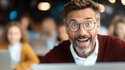 A joyful man celebrating success in a modern office, conveying positivity and passion for work and collaboration.