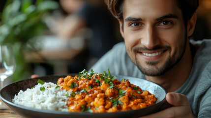 A joyful man presenting a delicious plate of spicy curry with rice, showcasing a delightful dining experience.