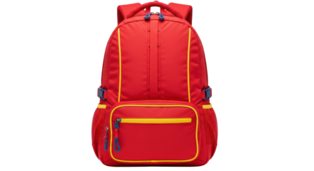 Isolated bright red backpack featuring yellow piping and blue accents for school or travel use