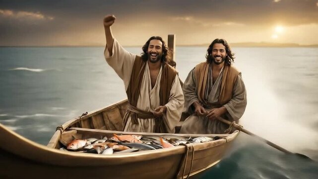 Biblical scene of Simon Peter and his brother Andrew catching a large number of fish after Jesus guided them. Religious theme.