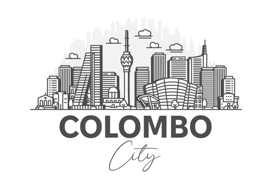 Colombo, Sri Lanka architecture line skyline illustration with shadows. Linear vector cityscape with famous landmarks, city sights, design icons.