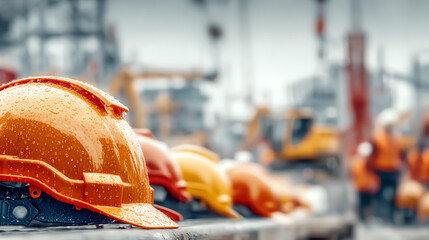 A line of safety helmets in vibrant colors, symbolizing construction safety and teamwork at a busy construction site.