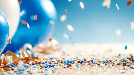 A lively celebration scene featuring blue balloons, shimmering confetti, and colorful streamers, perfect for festive occasions.