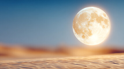 A luminous full moon rises over a tranquil landscape, casting a serene glow on the sandy terrain under a clear blue sky.