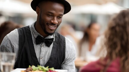 A smiling waiter in a hat and bowtie presents a plate of food at an outdoor cafe table during daylight
