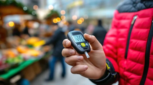 A person monitoring blood sugar in an outdoor market, using a portable glucometer, blood sugar market check, public health management, diabetes outdoor monitoring, glucometer scene