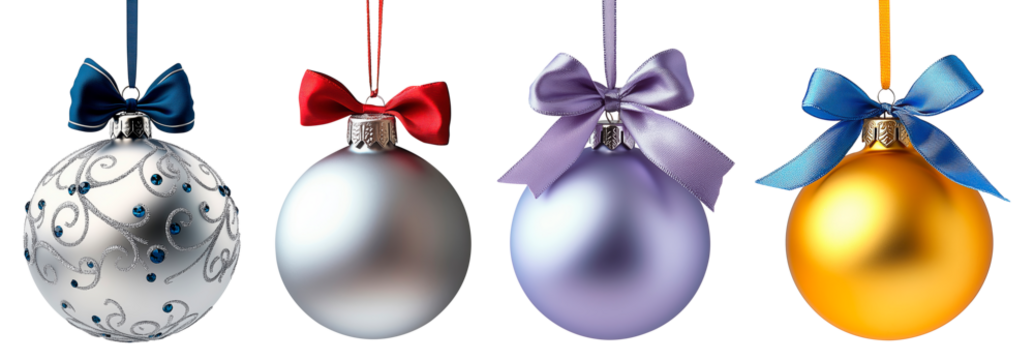 Colorful Christmas tree baubles with decorative ribbon bows on transparent background