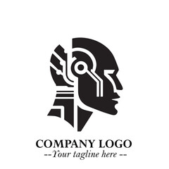 Head of Robot Logo Symbol in Black on the White Background Futuristic Minimalist Illustration