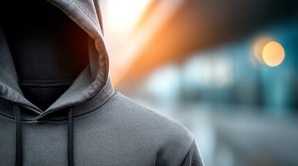 A mysterious figure in a dark hoodie stands against a blurred urban background, creating an aura of intrigue and anonymity.