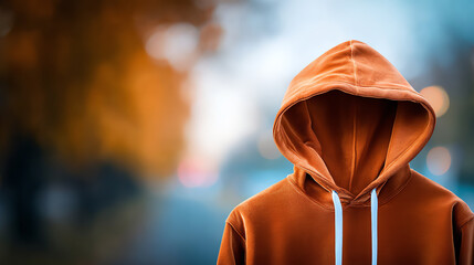 A mysterious figure in an orange hoodie stands outdoors, evoking intrigue and urban lifestyle themes in a blurred background.
