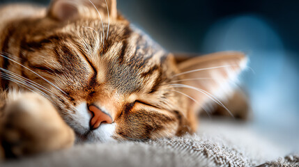 A peaceful moment captured as a sleeping cat rests comfortably, showcasing its adorable features and serene expression.