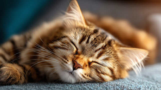 A peaceful tabby cat sleeping comfortably on a soft surface, showcasing its beautiful fur and serene expression.
