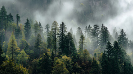 Dense mountain forest covered in morning fog with pine and deciduous trees, moody misty nature landscape in cool atmospheric light