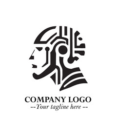 Head of Robot Logo Symbol in Black on the White Background Futuristic Minimalist Illustration