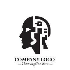 Head of Robot Logo Symbol in Black on the White Background Futuristic Minimalist Illustration