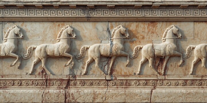 Detailed ancient stone frieze featuring a repeating pattern of majestic galloping horses, adorned with a classical Greek key border.