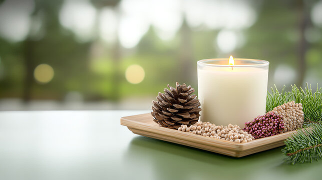 A serene candle arrangement with pine cones, seeds, and greenery, perfect for creating a cozy, tranquil atmosphere in any space.