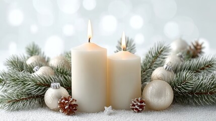 Winter scene with glowing candles, evergreen branches, and festive ornaments for holiday decor.