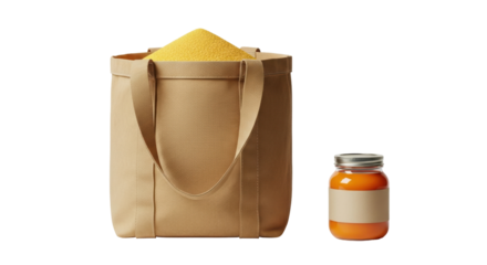 Isolated bag filled with dry goods and a jar of preserves ready for shipping to consumers