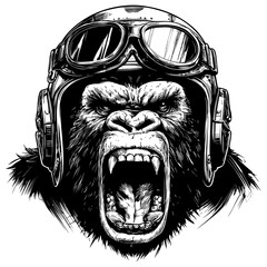 Roaring gorilla wearing aviator helmet and goggles on white background