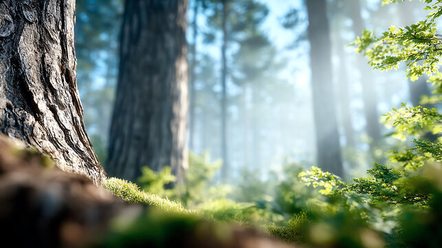 A serene forest scene with tall trees, dappled sunlight, and lush green undergrowth, evoking peace and tranquility in nature.
