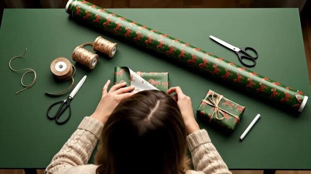 Woman manually wrapping Christmas gift with horse pattern paper. Holiday preparation on green table with scissors, ribbon, and twine footage.