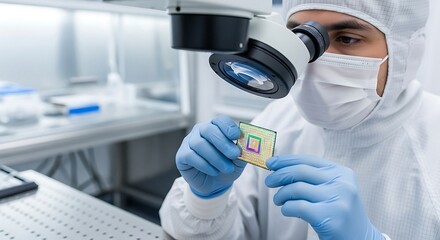 Scientist Inspecting Microchip Under Microscope in High-Tech Cleanroom Lab