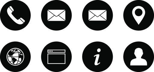 Black Circle Contact and Website Icons Vector Set