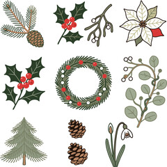 Christmas botanical doodles clip art vector illustration set with pine poinsettia holly wreath and tree