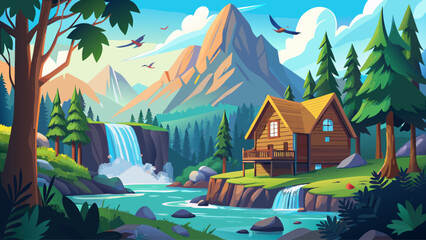 a wooden cabin near a tall waterfall surrounded by lush green forest, mist rising from the falls, birds flying in morning light, and calm blue river flowing beside the house.
