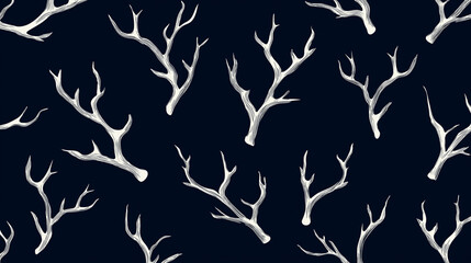 White antler pattern on dark background in seamless watercolor style, elegant winter forest design for fabric, wrapping, or holiday decor