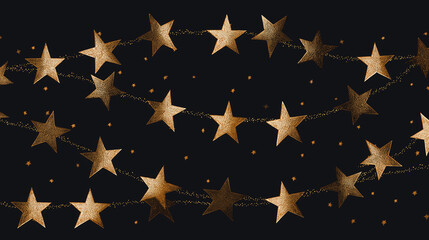 Golden star garlands on black background in watercolor style, elegant festive decoration for Christmas, New Year, or celebration party design