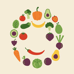 Fototapeta premium A clean, colorful flat vector illustration of assorted fresh fruits and vegetables arranged in a circular smiley face design, symbolizing healthy eating, nutrition, and well-being