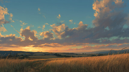 Golden wheat field landscape at sunset in realistic painting style with soft clouds and warm light, peaceful rural nature scenery