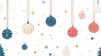 Hanging Christmas ornaments in red, blue, and gold on white background in flat vector style, festive winter holiday decoration with snowflakes