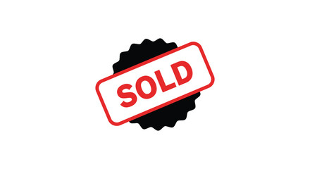 Bold red sold sign in a black starburst silhouette against a white background signifying a completed transaction or sale
