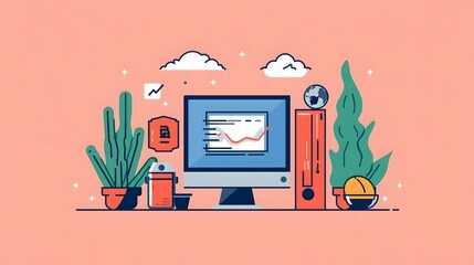 Modern desktop computer setup with plants and office supplies on a clean white background isolated on white background