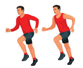 Figures of an East Asian athlete running in place during a warm-up before running competitions in winter and summer sportswear