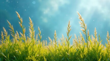 Obraz premium A vibrant expanse of green foliage with golden-hued plant stalks reaching towards a clear, serene blue sky, gently illuminated by soft atmospheric light, creating a tranquil outdoor scene.