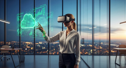 Woman wearing VR headset interacts with digital cloud interface, representing data management, future technology, and advanced visualization system
