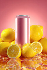 Pink soda can with lemons and ice on glossy wet surface against pink background
