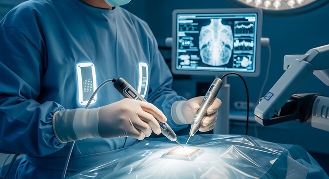 Advanced Medical Technology: Surgeon performs precision robotic surgery with futuristic tools in a modern hospital operating room. AI-assisted healthcare innovation concept.