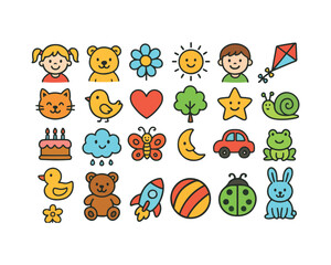Fototapeta premium Colorful children cartoon icon collection Set, flower, animal, birds, nature