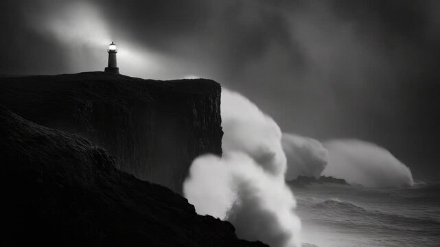 A lone lighthouse illuminates a dramatic, stormy sea from a rugged, dark cliff