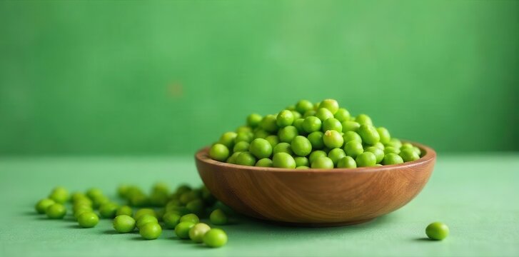 Fresh, vibrant green garden peas are abundantly displayed within a simple wooden bowl, alongside scattered individual legumes across a complementary verdant surface.