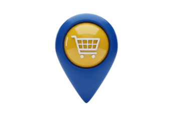 Isolated icon of a shopping cart inside a map pointer denoting a store location or search result