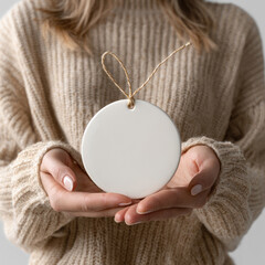 Woman holding plain white circular ornament with twine loop on neutral background