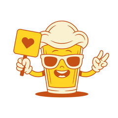 Cool beer glass cartoon character in sunglasses with heart signboard vector flat illustration. Comic malt foamy alcohol beverage mascot in summer eyeglasses with like love Saint Valentine's Day sign
